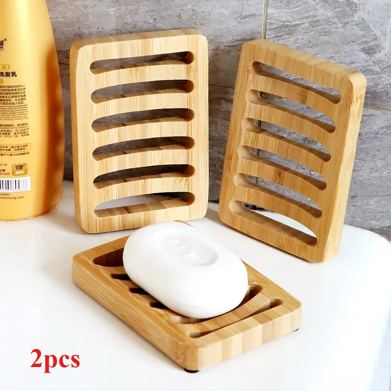 Soap Dish Draining - 2 adet Bambu Sabunluk Tepsi Ahşap